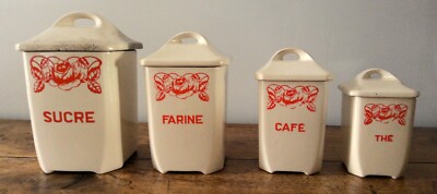 SELTENES MODELL 4 GEWÜRZGLÄSER STEINGUT BADONVILLIER VINTAGE ROSENMUSTER ORANGE 