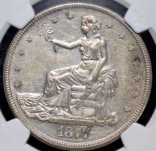 1877 S TRADE DOLLAR NGC CHOICE AU 58 LUSTROUS AND BRIGHT WITH A FULL STRIKE AND