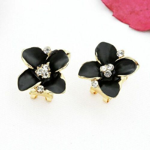 Beautiful Fashion Black Flower With Clear CZ Stud Earrings - Picture 1 of 1