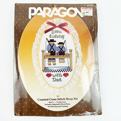 Vintage Counted Cross Stitch Hoop Kit Fathers Day Gone Fishing Dad Paragon 2532