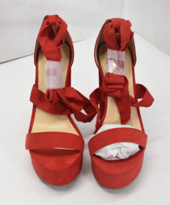 Wild Diva Lounge Strap Lace Up Criss Cross 2'' Platform 5'' Heel Red Sandals Sz 9