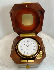 Vintage BAUME & MERCIER Geneve Nautical Ship Clock. Brass Mahogany SWISS