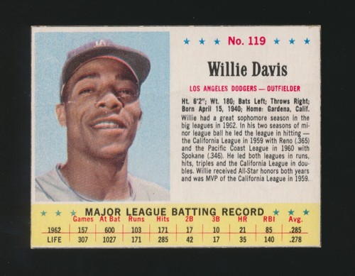 1963 Jell-O (Jello) Baseball -#119 WILLIE DAVIS (Dodgers) *SP in 1963 Post* - 第 1/2 張圖片