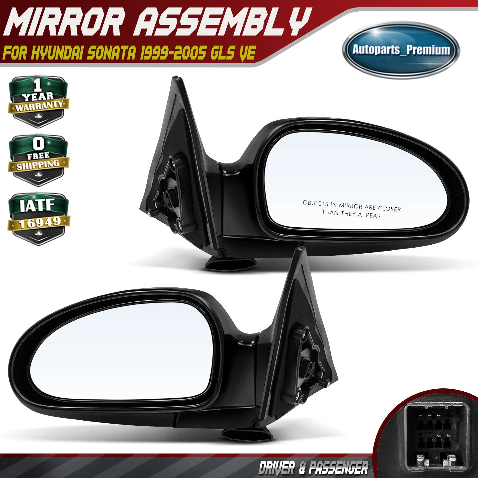 2Pcs Power Mirror w/ Manual Folding & Heated Black for Hyundai Sonata 1999-2005
