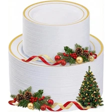 Heavy Duty Gold Plastic Plates 200 PCS Disposable Dinnerware Set Includes 100