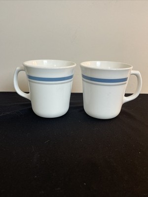 Set of 2 Vintage Corning Corelle Indigo Slate Gray Stripe 8 oz Coffee Mugs USA