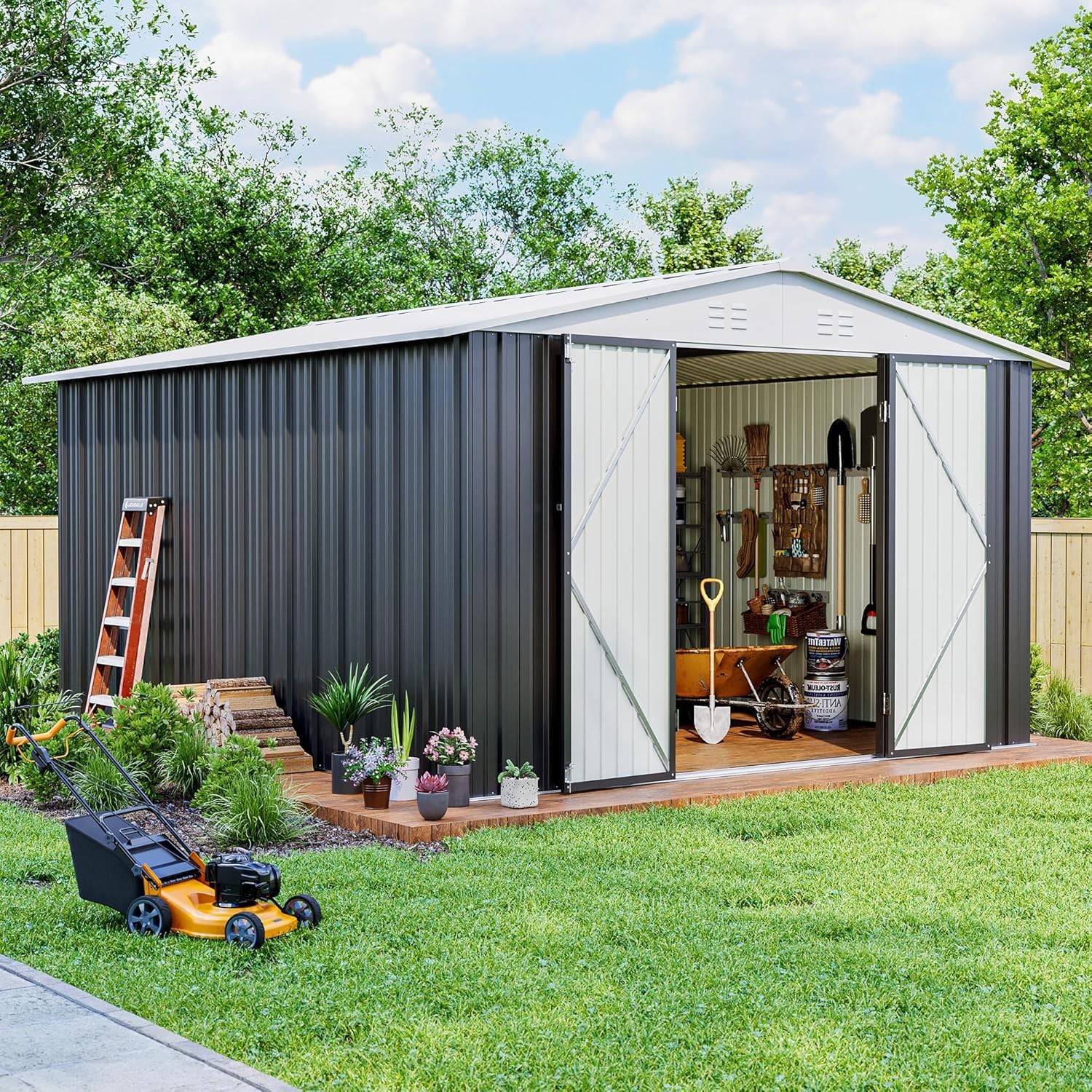 10x12 FT Outdoor Storage Shed with Updated Frame Structure ,White and Black
