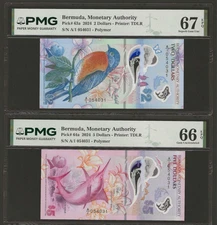 BERMUDA $2 & $5 Dollars 2024, MATCH S/N, P-63a & 64a, PMG 66 & 67 EPQ Gem UNC #1