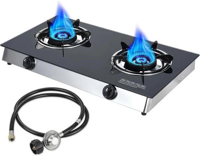 Propane Stove 2 Burner Gas Cooktop, Portable Tempered Glass Double Burner Stove