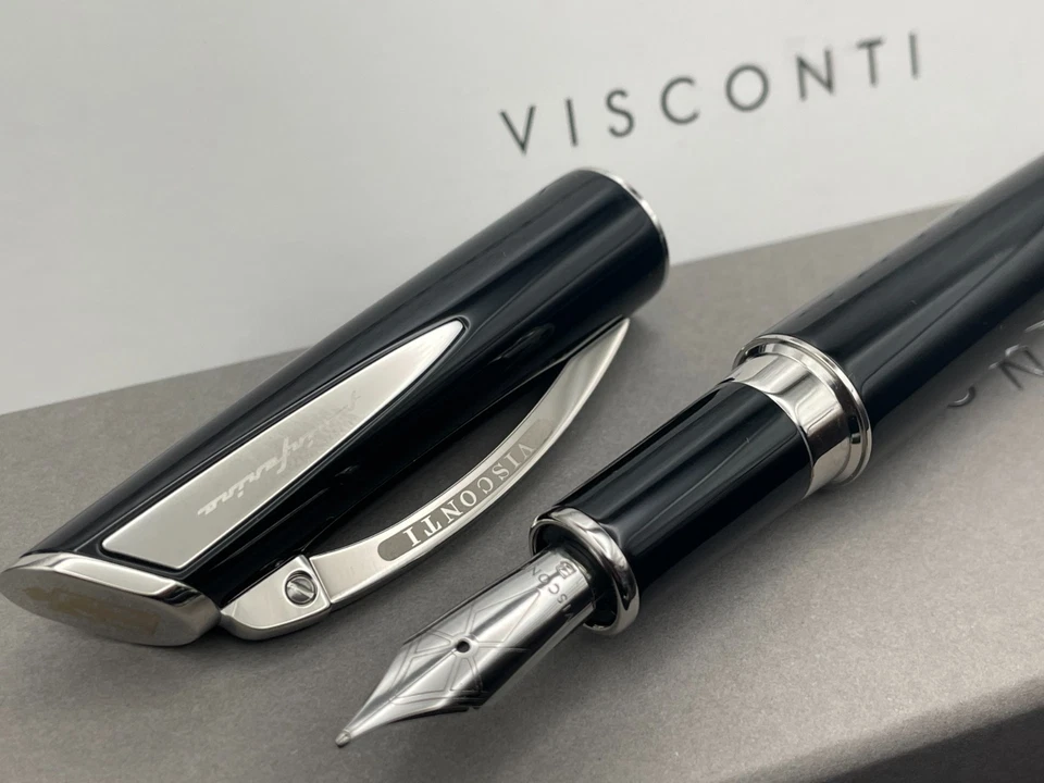 Visconti Italy Pininfarina XL Black & Steel Fountain Pen Broad Nib $395 New - Image 1 of 4