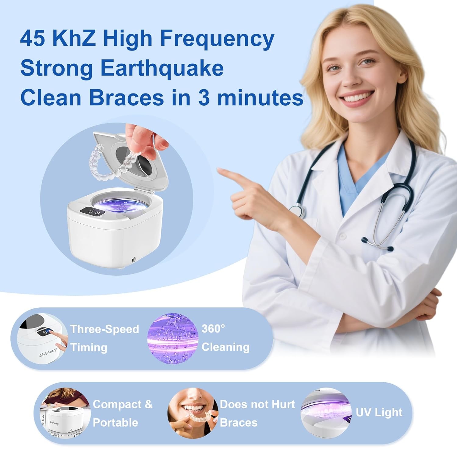 Ultrasonic Retainer Cleaner Machine - 45kHz for Dentures, Mouth Guards, Aligners