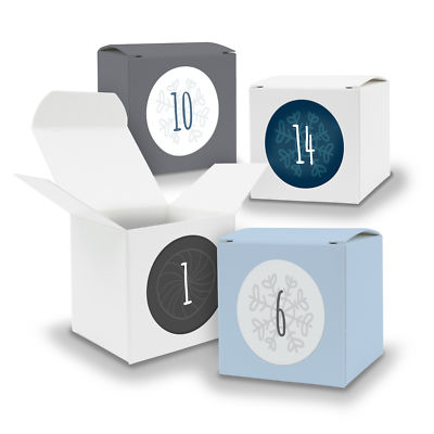 Adventskalender zum Füllen 24x Würfel 5cm GRAU WEIß EISBLAU + Sticker V13 Z12