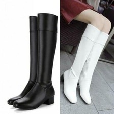 Women's Low Heel Knee High Leather Long Boots Casual Shoes Riding Plus Size Lady