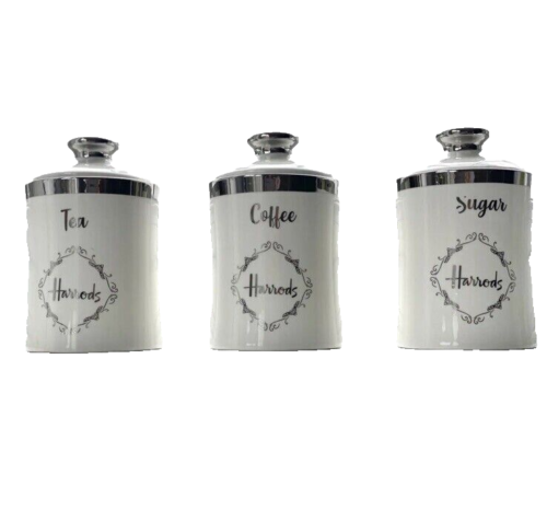Harrods White Canister Tea Coffee Sugar Jar Storage Set Airtight Gift - Picture 1 of 5