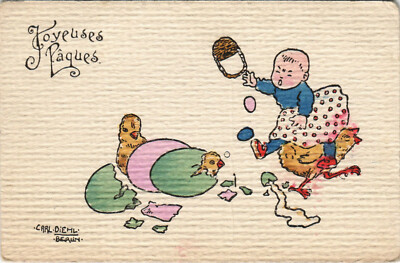 PC OSTERN, JOYEUSES PAQUES, KÜNSTLER SIGNIERT, CARL DIEHL, Vintage Postkarte (b31168)