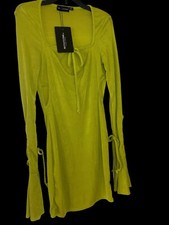 NEW Pretty Little Thing Size 2 Neon Lime Long Flared Sleeve Mini Dress, Cut Out