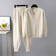 Autumn Winter Women  s V Neck Sweater 2 Piece Set Pants Suits Tracksuits Outwear