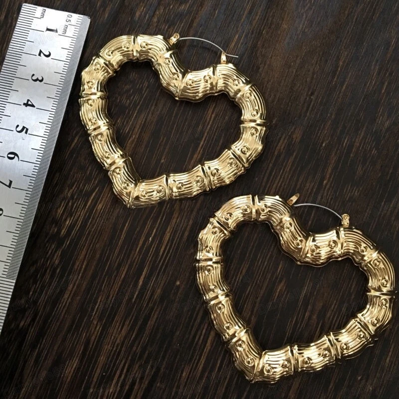 BIG 7cm HEART BAMBOO EARRINGS large metal hoops GOLD FASHION HOOP RETRO HEARTS