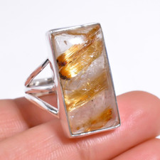 Golden Rutilated Quartz Gemstone Ring 925 Sterling Silver Statment Rings Jewelry