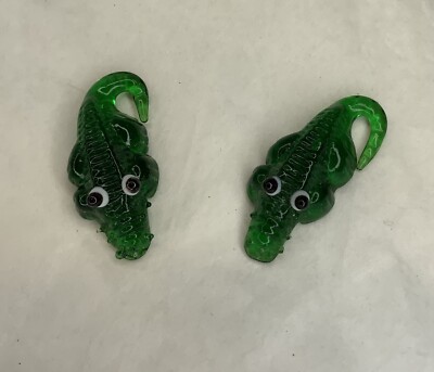 Set of 2 Festive Treasures Mini Glass DARK GREEN ALLIGATOR Tiny Collectible -New
