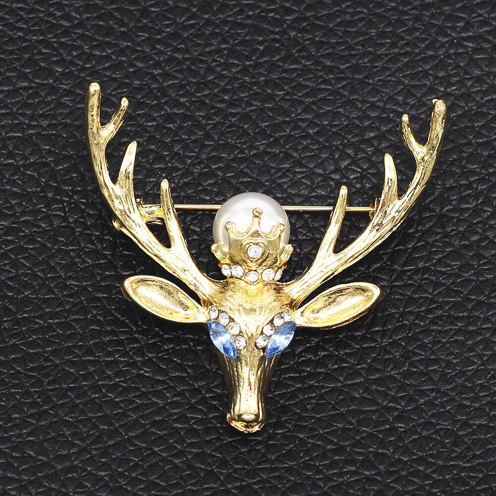 Pearl Crystal Deer Milu Deer Head Brooch Pin Womens Jewelry
