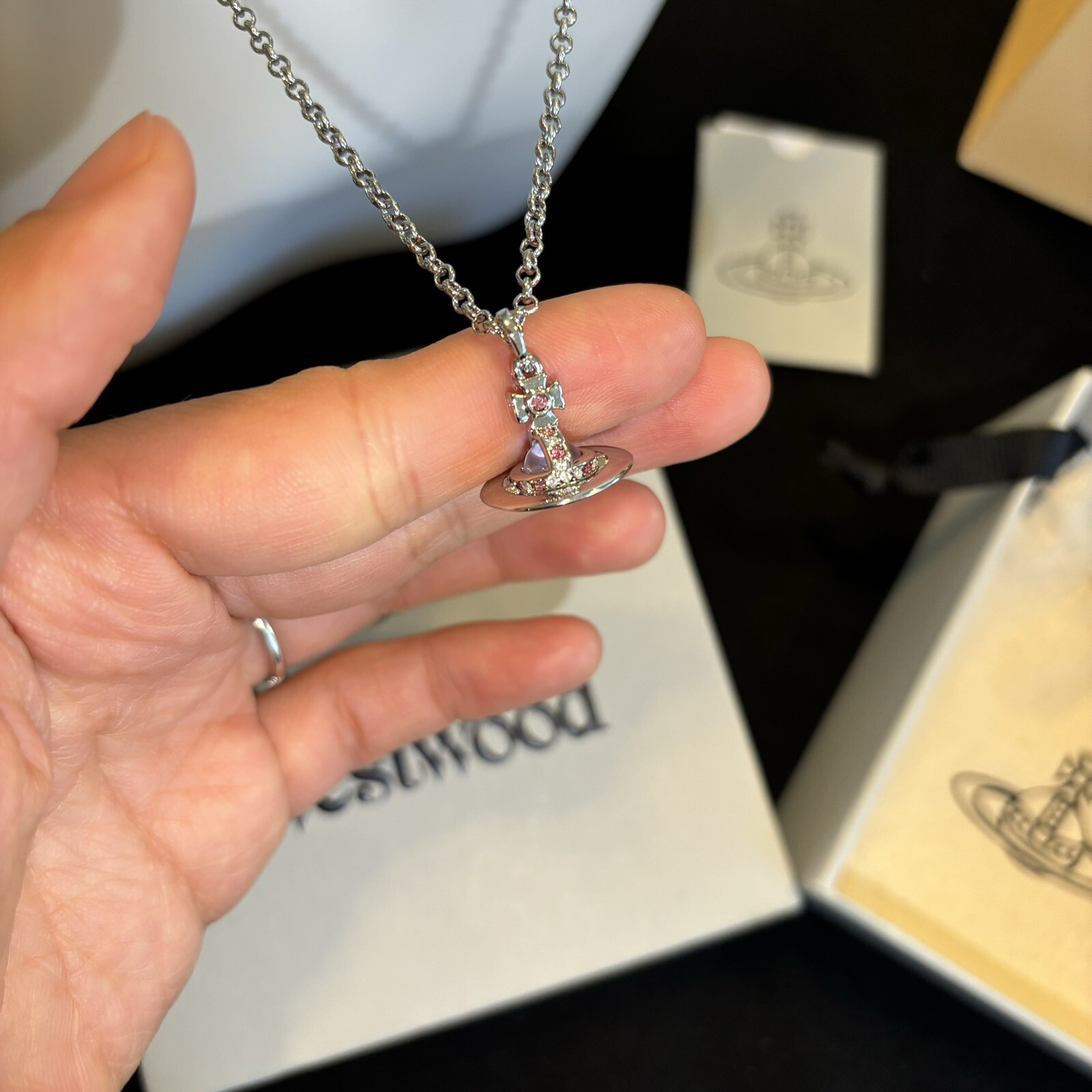 Vivienne Westwood Nana Crystal Tiny Pink Orb With Silver Tone Necklace With Box