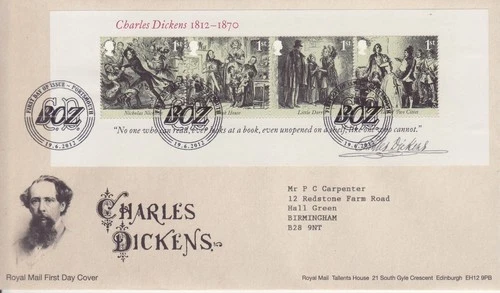 GB Stamps First Day Cover Charles Dickens MS, author, book, classic SHS 2012