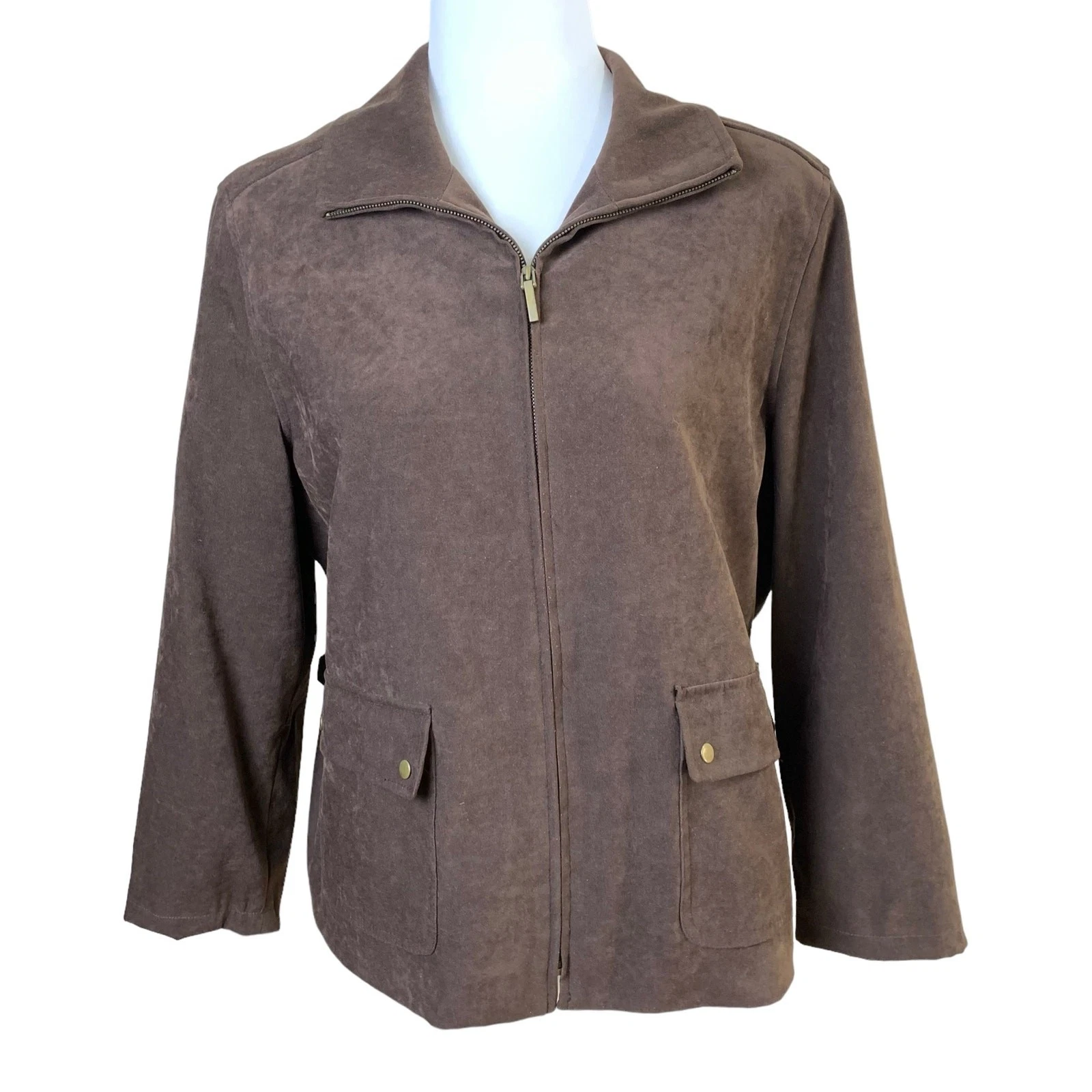 VETEMENTS Giacca Talbots Petites taglia 14P zip davanti ecopelle scamosciata marrone foderata elasticizzata classica