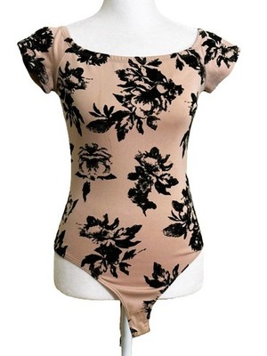 Windsor Bodysuit Beige Black Floral Print Snap Button size S