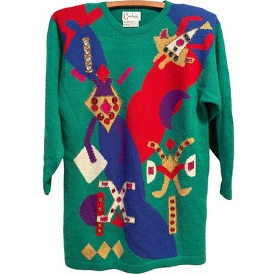 Vintage 80s Carducci Sweater Women's Medium Lambswool Rabbit Hair Gems Padded