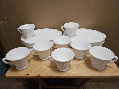 Vintage Indiana Glass Colony Harvest White Milk Glass Snack Set 4 Cups Plates
