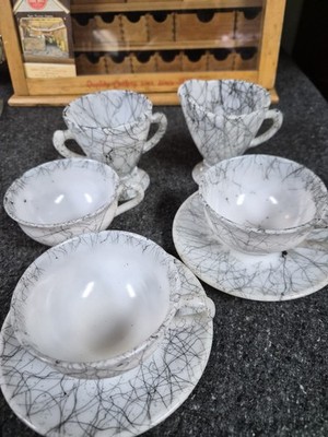 MCM Hazel Atlas Spaghetti String Milk Glass Tea Cups Sugar And Milk 7 Piece Set