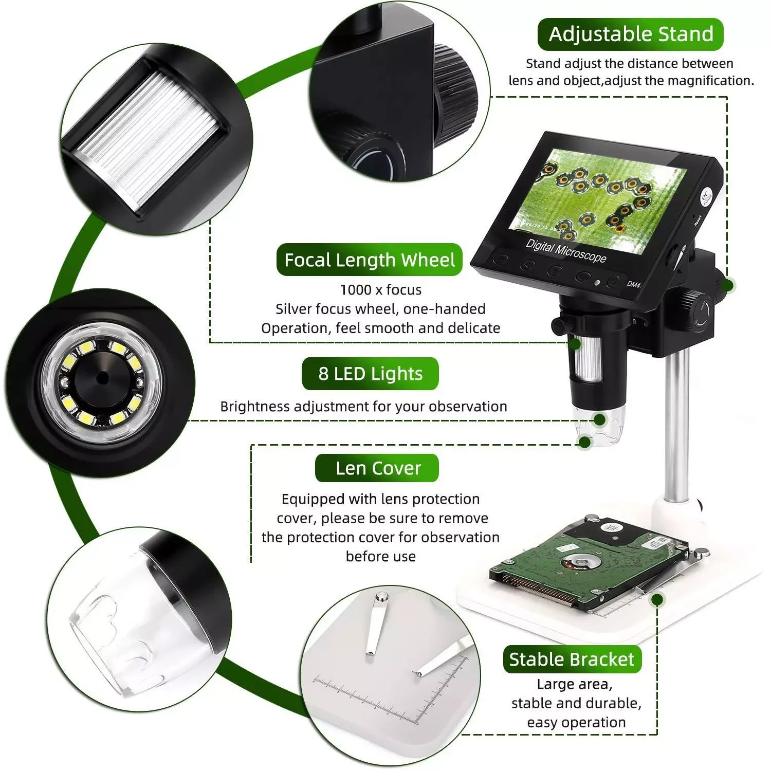 Microscope numérique haute définition écran LCD grossissement 1000x avec support robuste - 2