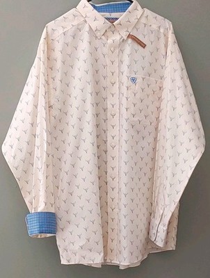 Ariat WF Ridge Wrinkle Resistant Mens L Beige Blue Bell Print Button-Down Shirt