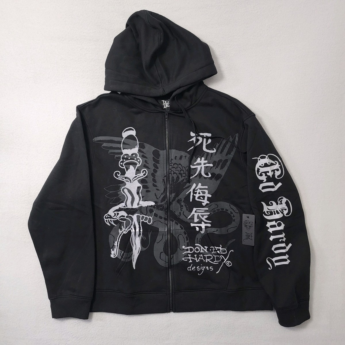 Ed Hardy Hoodie Mens Large Black Japan Y2k Tattoo Snake Bird