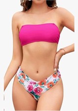 SZ M SHEKINI Women's Bandeau Bathing Suit Halter Lace Up Bikini V Cut Two Piece