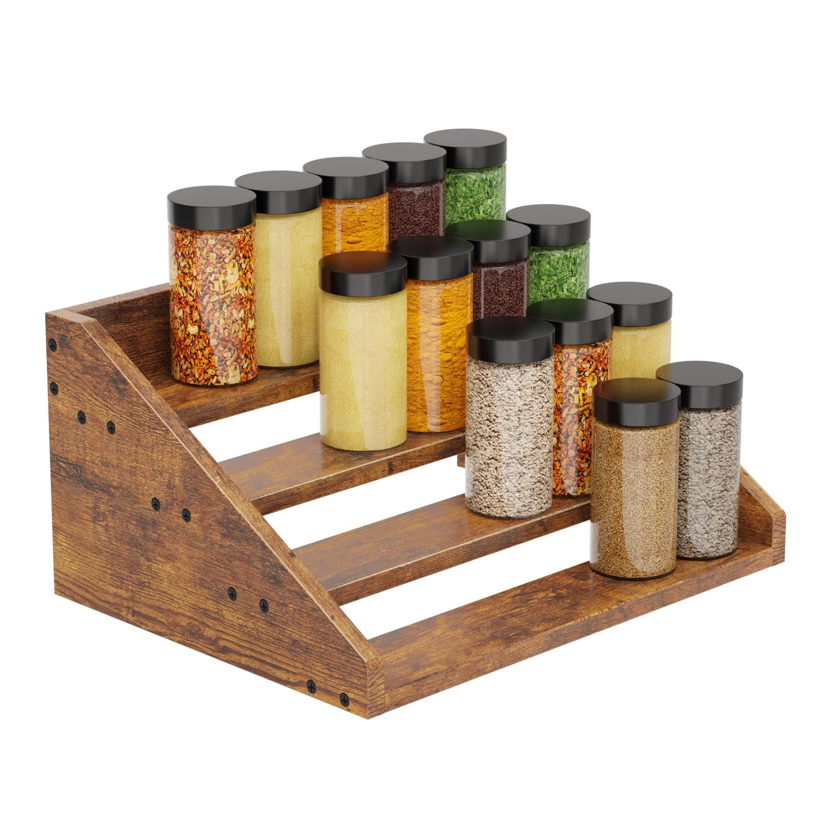 4 Tier Wood Spice Rack Organizer for Cabinet, Super Sturdy Display Riser Shel...