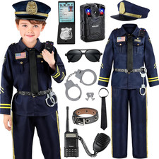 Kids police costume set includes uniform shirt pants hat tie belt badge