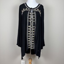One World Tunic Top 3X Black Tie Embroidered Boho Peasant Artsy Festival Flowy