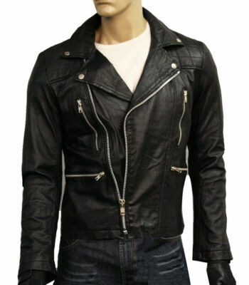Herren Echt Leder Bikerjacke Retro Brando Soft Premium Nappa Schwarz Jacke
