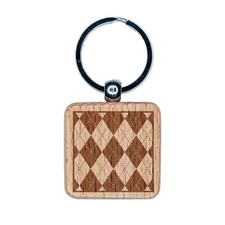 Argyle Pattern Block Engraved Wood Square Keychain Tag Charm