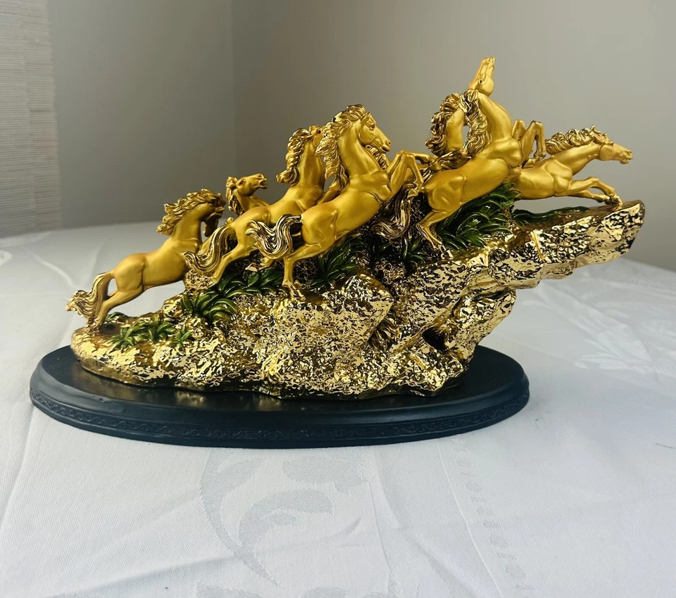 14" Bronce Puro Oro Dorado Palacio Zodiaco Éxito Cheval Animal Caballo Estatua Foto 4 de 4