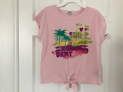 DKNY NWT Girls Tee Top Shirt T-Shirt Logo Pink Sun Shine Glitter XL 16