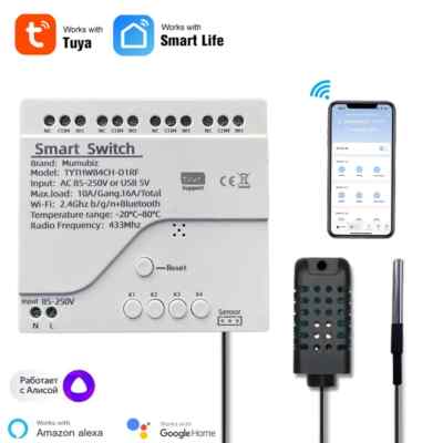 WiFi 250V 4 Channel Temperature Humidity Smart Switch,Smart Life APP,Passive Dry