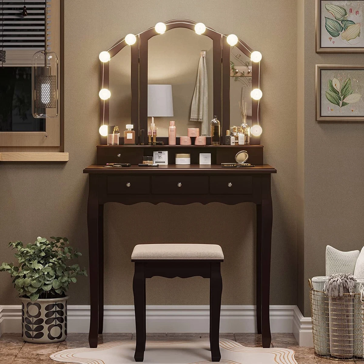 Makeup vanity with lighted mirror and stool clearance