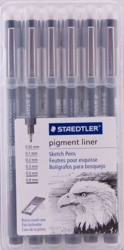 6 Piece - STAEDTLER Pigment Liner Sketch Pens - Assorted Tip