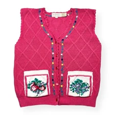 Vintage Eagles Eye Sweater Vest Women Large Pink Floral Embroidery Pockets