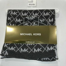  98 New MICHAEL KORS WOMEN DIAMOND METALLIC MK LOGO SCARF HAT SET GRAY SILVER