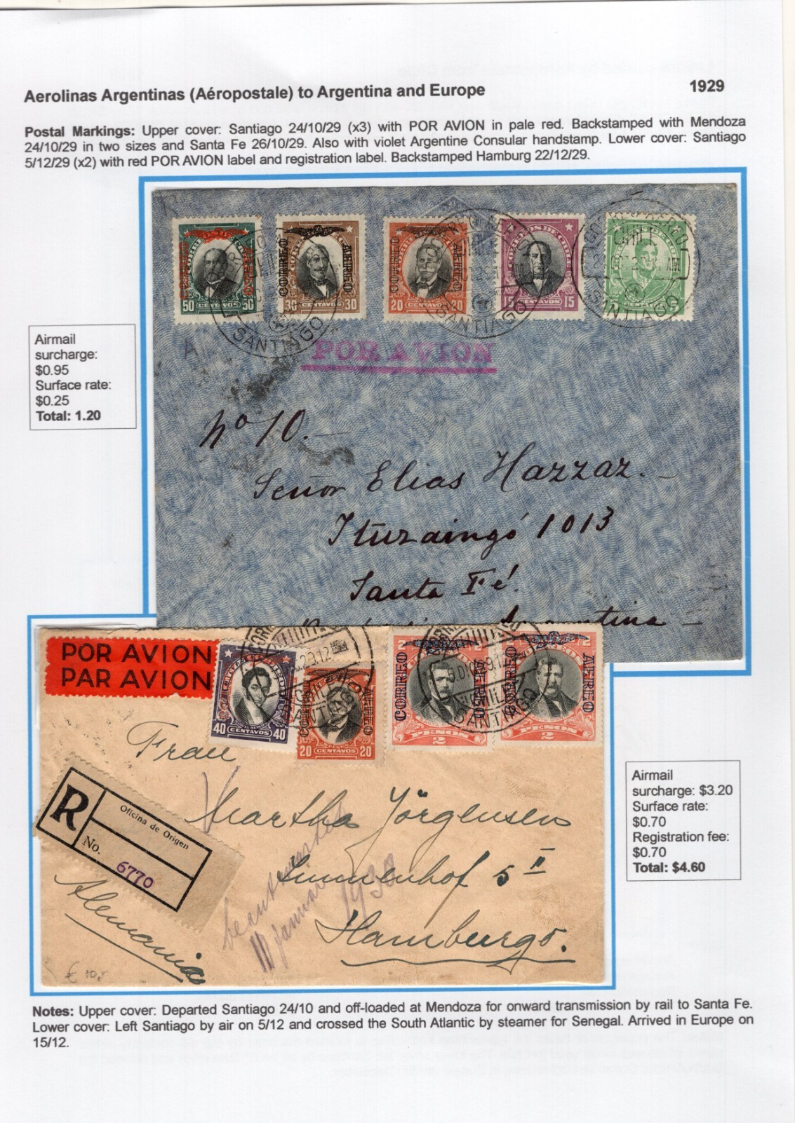 Chile 1929 early airmail Aerolineas Argentinas Aeropostal to Argentina & Europe