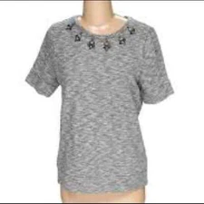 Loft Heathered Grey Jeweled Neckline Top Size Small 